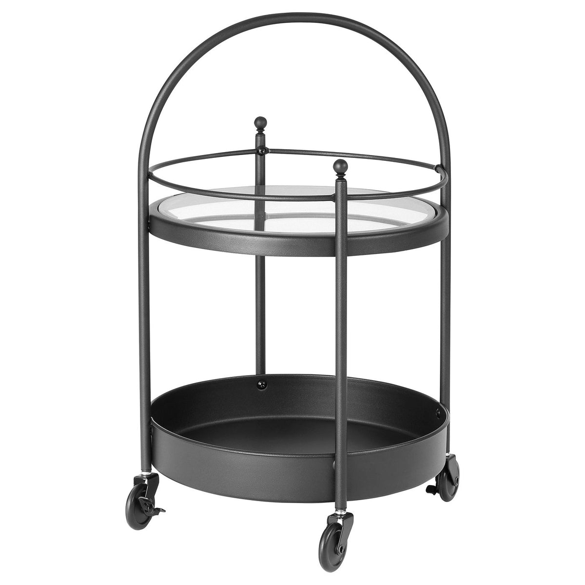 Black FRÖSJÖN bathroom storage trolley with wheels, two shelves, circular handle, and safety wire around top shelf.