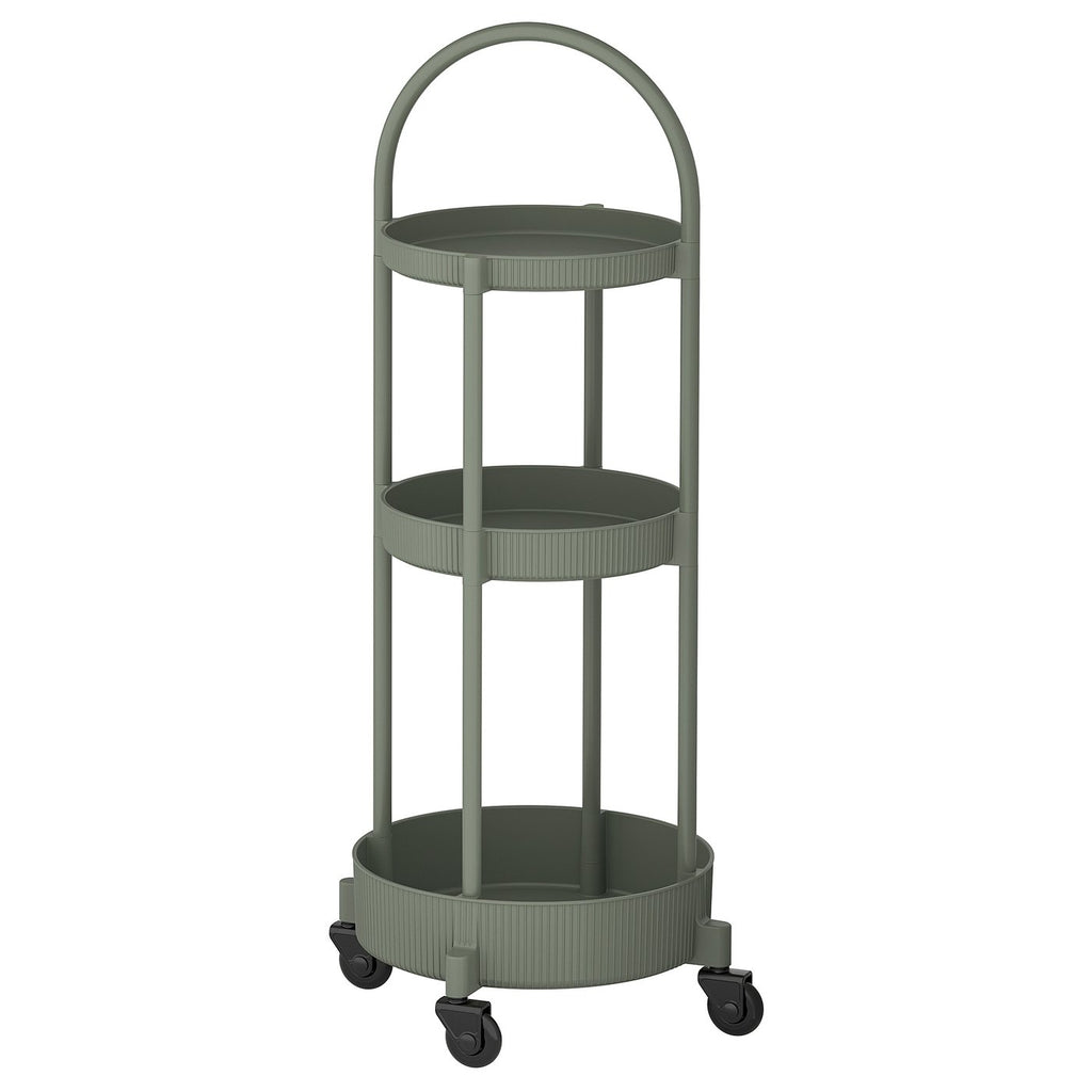 A JUTTERSBO trolley in grey-green. Its a round 3-tier storage trolley with wheels and a handle on top, perfect for kitchens or living rooms.