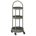 A JUTTERSBO trolley in grey-green. Its a round 3-tier storage trolley with wheels and a handle on top, perfect for kitchens or living rooms.