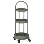 A JUTTERSBO trolley in grey-green. Its a round 3-tier storage trolley with wheels and a handle on top, perfect for kitchens or living rooms.