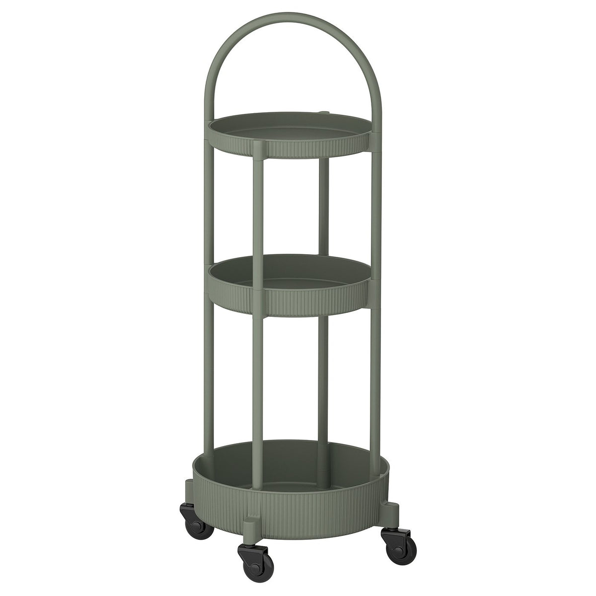 A JUTTERSBO trolley in grey-green. Its a round 3-tier storage trolley with wheels and a handle on top, perfect for kitchens or living rooms.