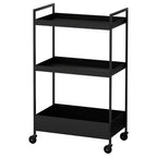 A black three-tier rolling storage trolley with a rectangular shape and metal construction, suitable for various spaces.