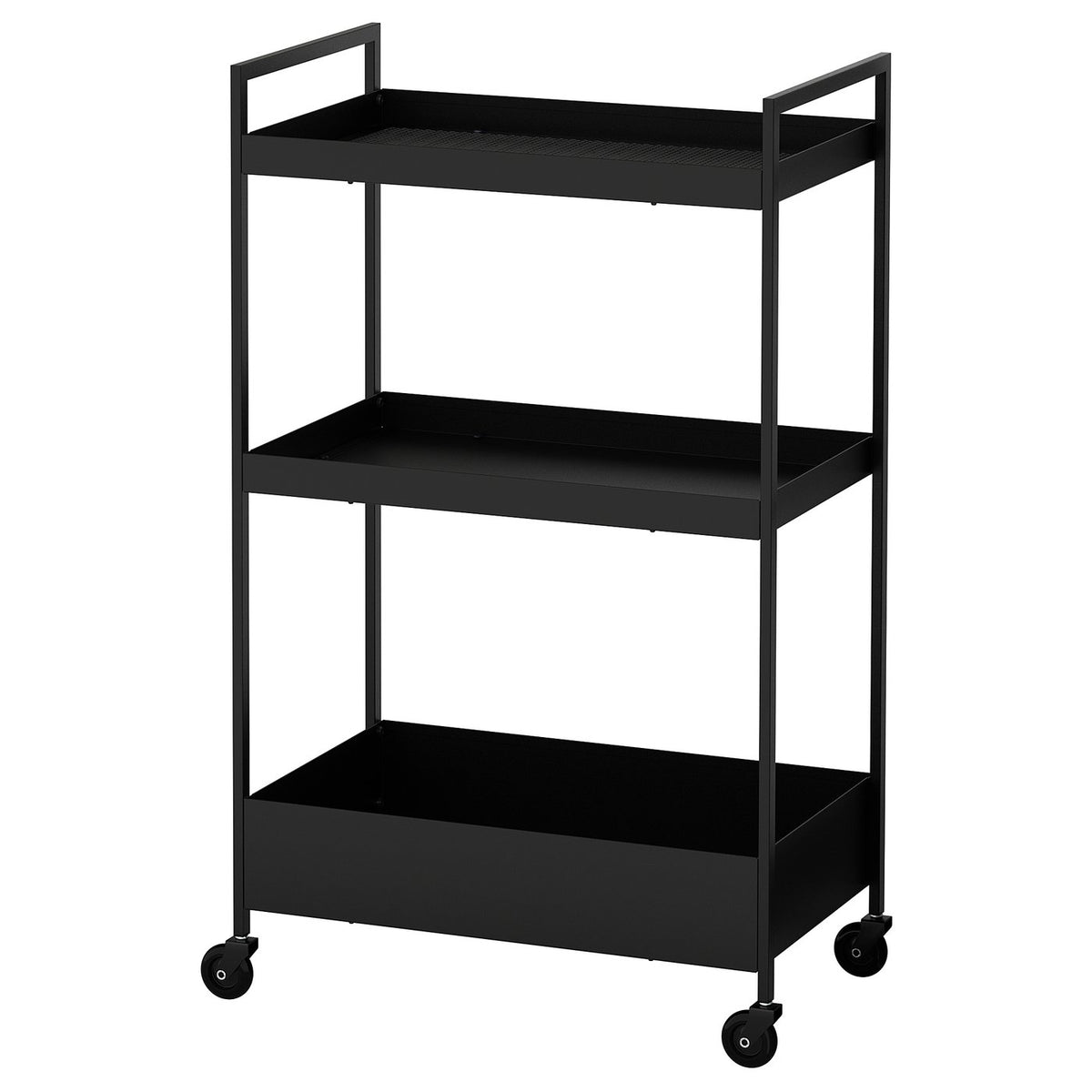 A black three-tier rolling storage trolley with a rectangular shape and metal construction, suitable for various spaces.