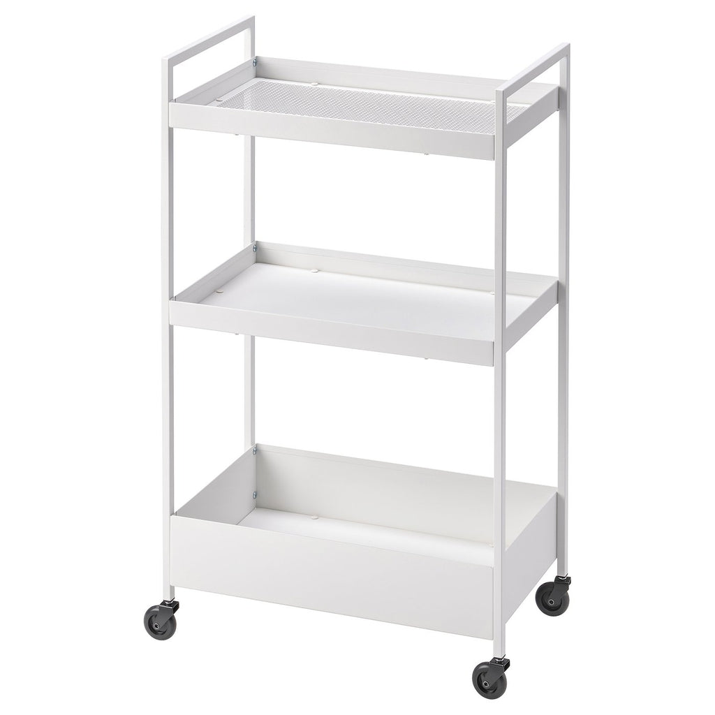 NISSAFORS white 3-tier storage trolley on wheels; metal, rectangular, minimalist design.