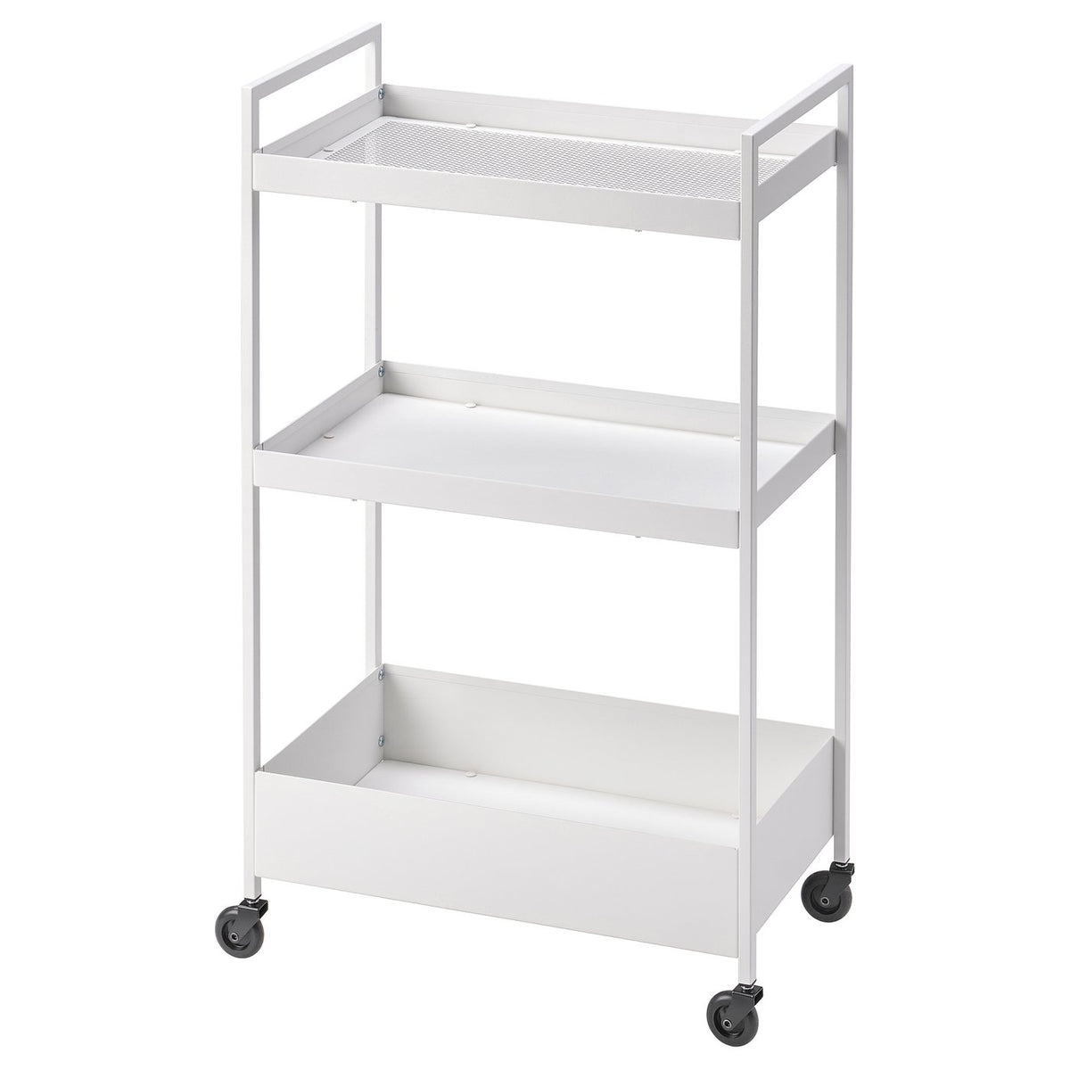 NISSAFORS white 3-tier storage trolley on wheels; metal, rectangular, minimalist design.