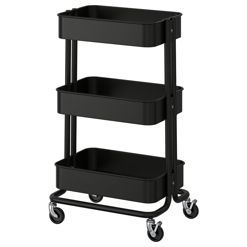 Black ikea RÅSKOG cart with 3 shelves and wheels for versatile storage.