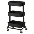 Black ikea RÅSKOG cart with 3 shelves and wheels for versatile storage.