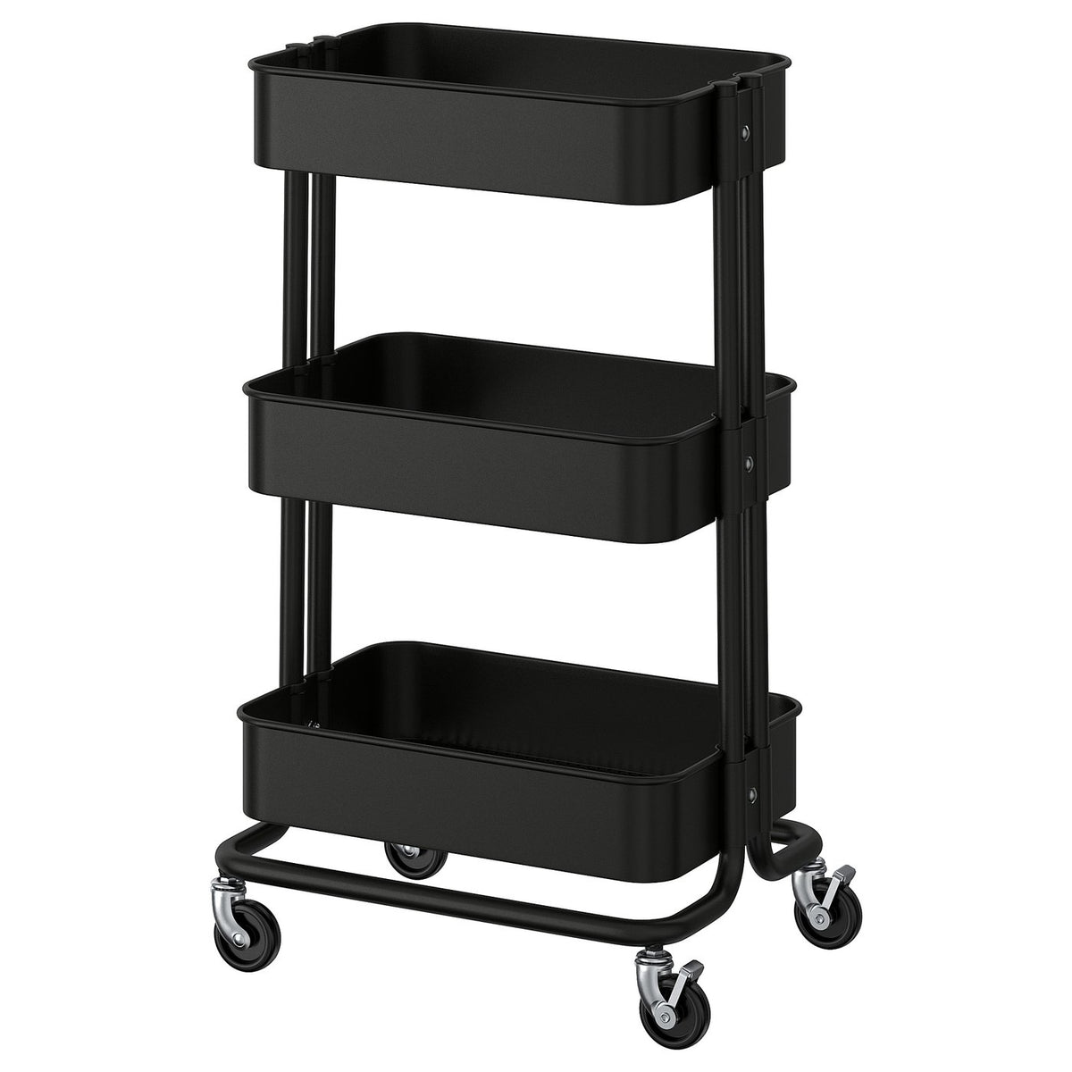 Black ikea RÅSKOG cart with 3 shelves and wheels for versatile storage.