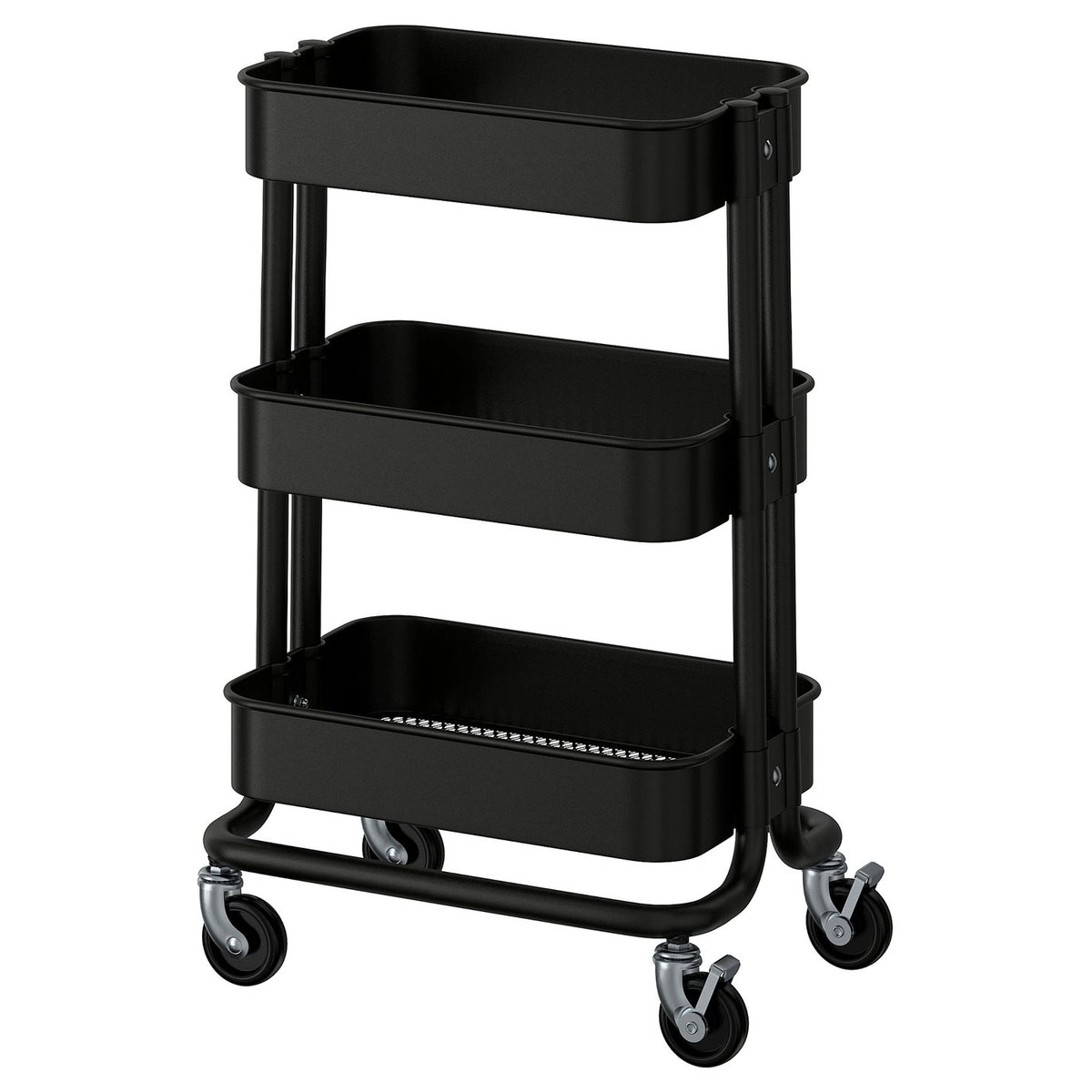 Black RÅSKOG trolley with three shelves and wheels. Modern storage design for small spaces.