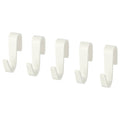 Four white plastic wall hooks arranged in a line, designed for kitchen storage.