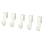Four white plastic wall hooks arranged in a line, designed for kitchen storage.