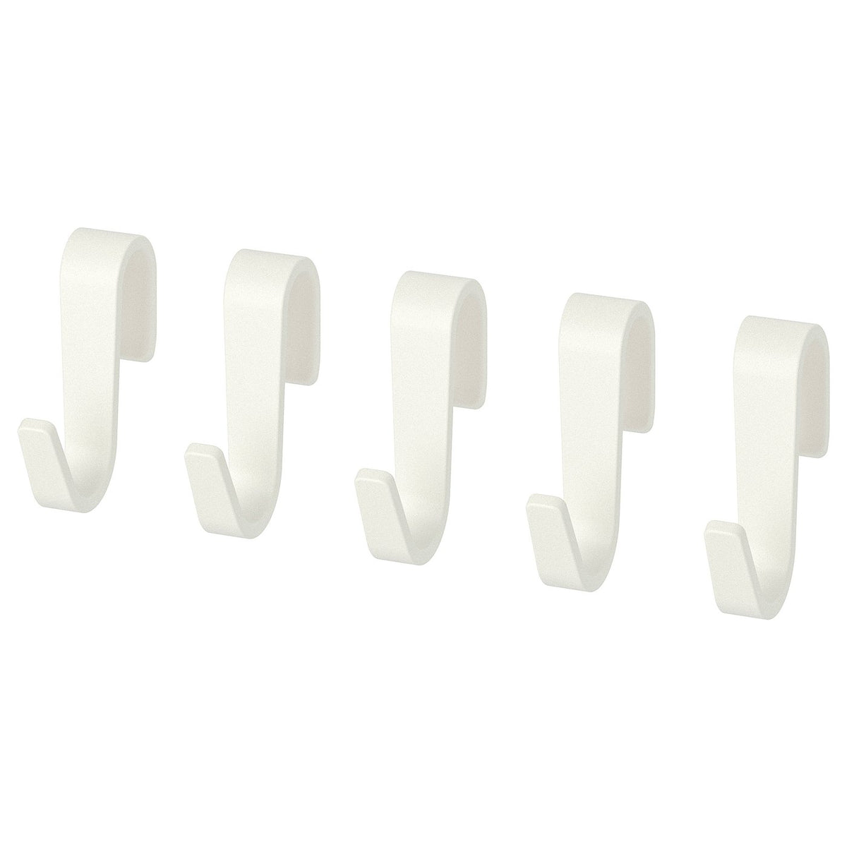 Four white plastic wall hooks arranged in a line, designed for kitchen storage.