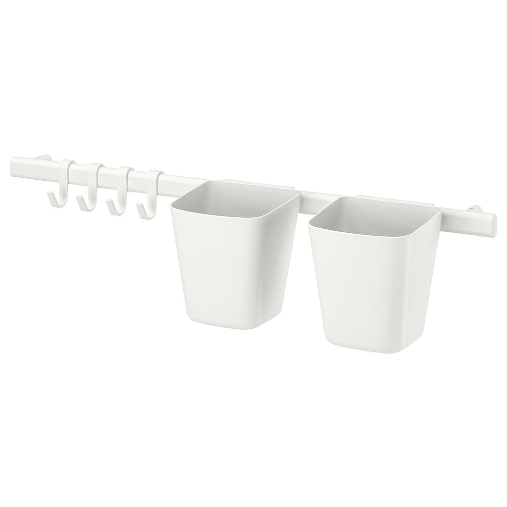 White SUNNERSTA kitchen organiser with containers, hooks, and rail. Space-saving, wall-mount design.