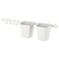 White SUNNERSTA kitchen organiser with containers, hooks, and rail. Space-saving, wall-mount design.