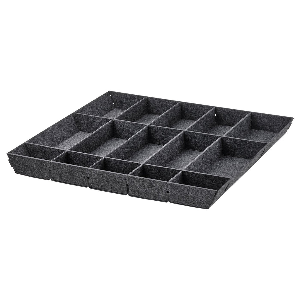 An updatera grey, rectangular kitchen drawer organiser with customizable compartments made of 100% polyester.