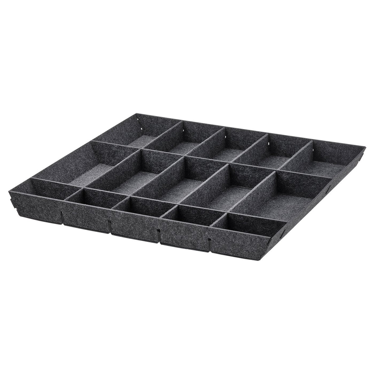 An updatera grey, rectangular kitchen drawer organiser with customizable compartments made of 100% polyester.