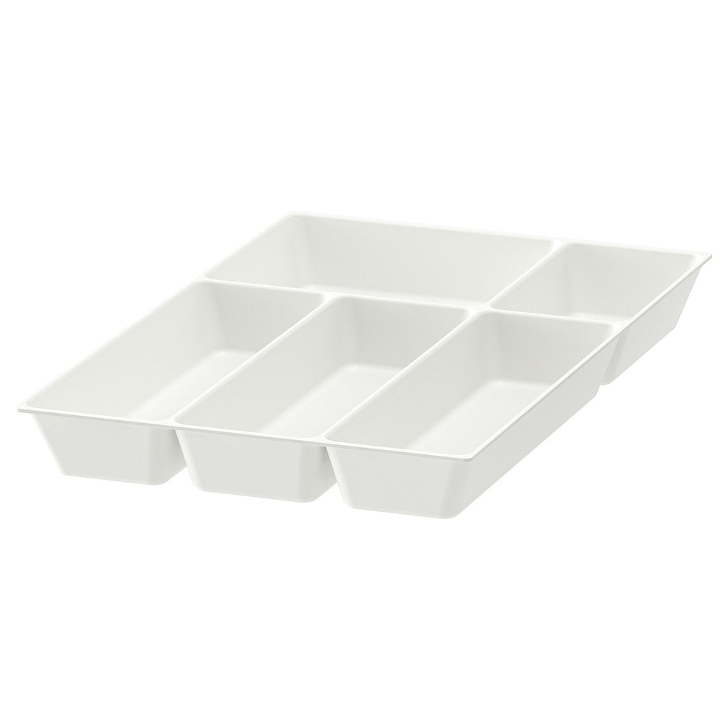 White plastic kitchen drawer organiser with six compartments for cutlery.