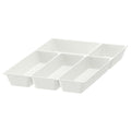 White plastic kitchen drawer organiser with six compartments for cutlery.