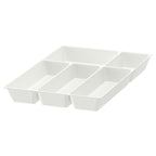 White plastic kitchen drawer organiser with six compartments for cutlery.