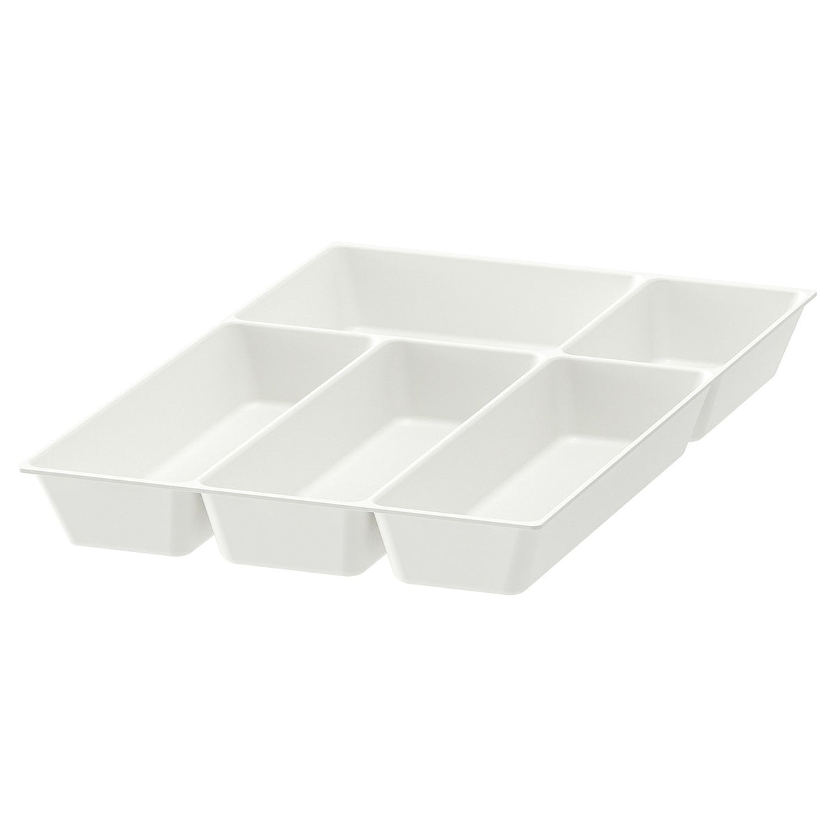 White plastic kitchen drawer organiser with six compartments for cutlery.