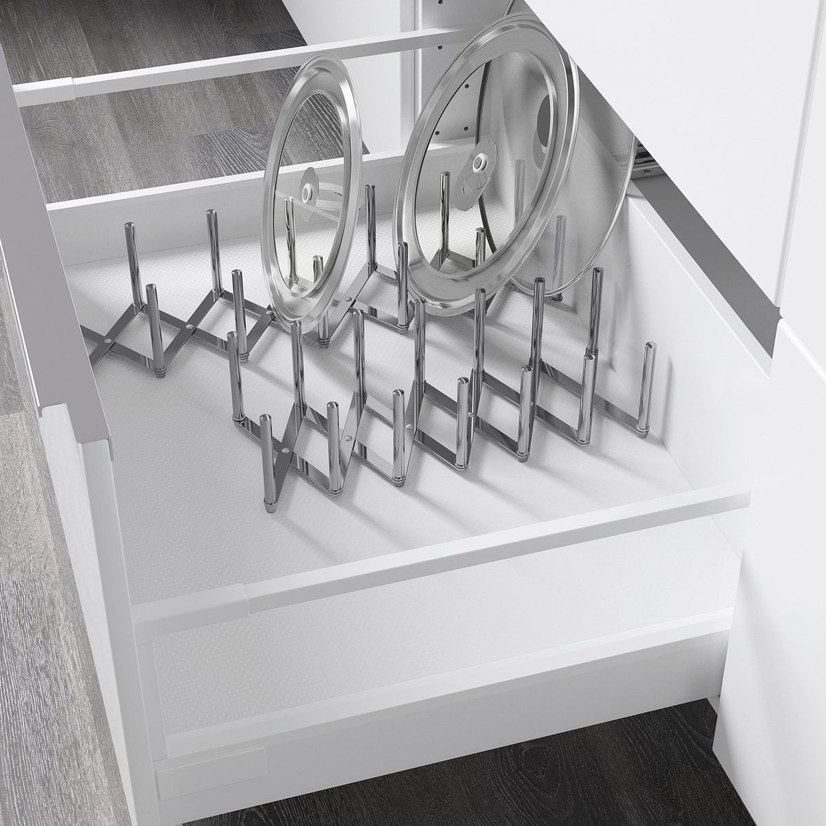 Stainless steel lid organiser for drawer